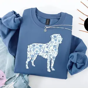 Blue Toile Rottweiler Sweatshirt, Dog Lover Pullover, Cute Rottweiler Gift, Pet Parent Sweatshirt, Dog Mom Sweatshirt, Rottie Apparel Crewneck Tops Womenswear Casual