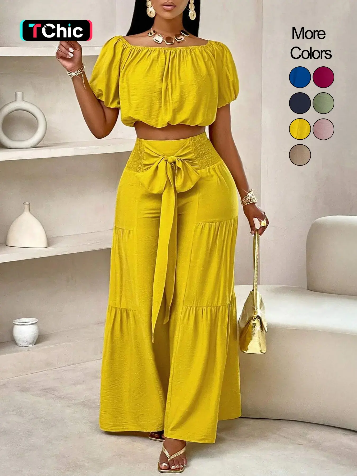 Summer Beach Vacation Bow Shoulderless Round Neck Shirt Wide Leg Pants Set, Casual Loose-Fitting, Women's Fashion, Womenswear