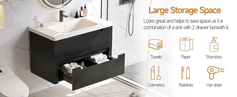 【Valentine's Day Gift】ONBRILL Modern Bathroom Vanity with Sink Combo Curved Floating Bath Vanity with 2 Soft Close Drawers Wall Mount Bathroom Vanities with Integrated Ceramic Sink for Small Space Apartment