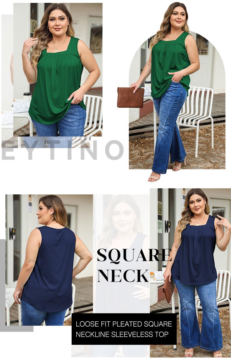 Eytino Women Plus Size Tank Tops Summer Casual Square Neck Pleated Sleeveless Blouse Shirts(1X-5X)