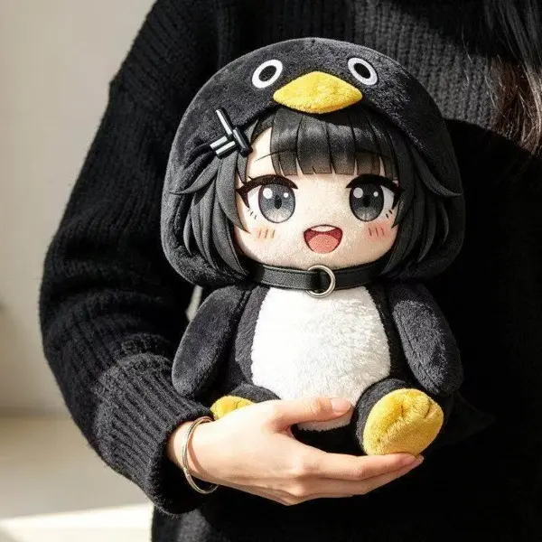 23cm Cute Fluffy Penguin Themed Stuffed Doll - Anime Girl Design Soft Fabric Toy, Cute Collectibles, Fluffy Friends Stuffed Toys for Kids Gifts, House Decoration