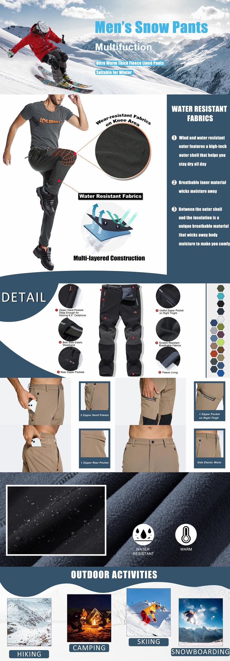 MAGCOMSEN Men's Snow Ski Pants Water Resistant Snowboard Hiking Pants Fleece Lined Winter Waterproof Work Pants