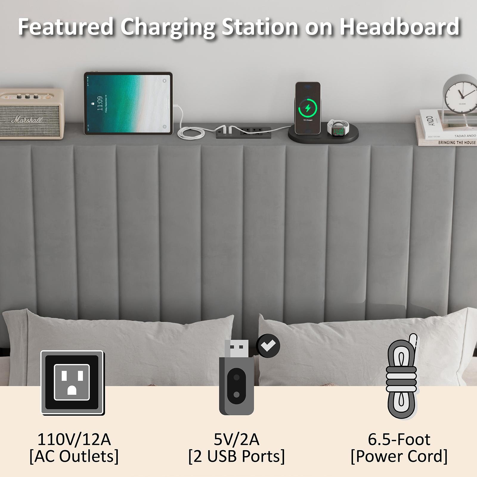 AMERLIFE Bed Frame Velvet Upholstered Tufted Headboard with Charging Station, Mattress Foundation, Box Spring Optional