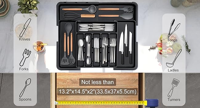 Silverware Organizer, Expandable Kitchen Utensil Drawer Organizer with 9 Compartment, Adjustable Storage for Spoons Forks Knives, Multifunctional Drawer Organizer for Cutlery, Makeup, Stationery Storage
