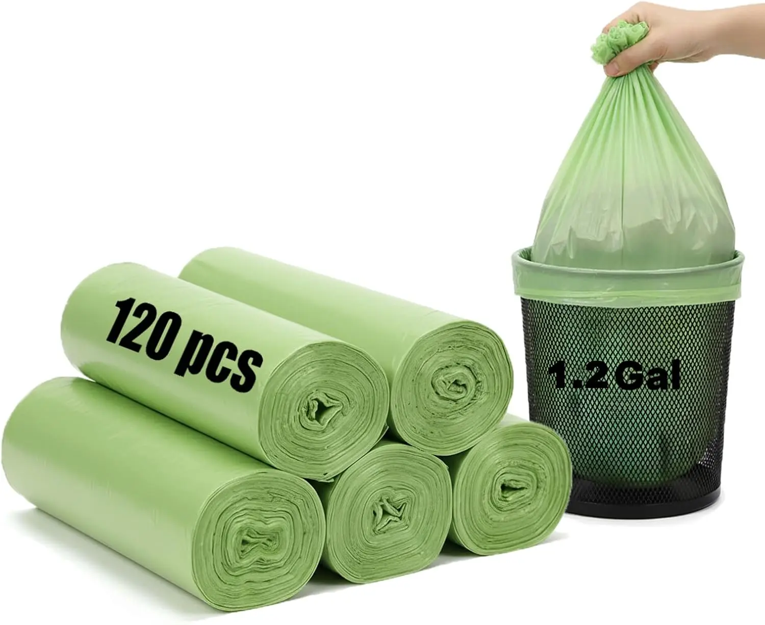 Cornstarch Compostable Trash Bags - 1.2 Gal (5L) Coreless Roll Small Bin Liners, Durable, Leak-Proof, Eco-Friendly Home Care Supplies, 120-Count