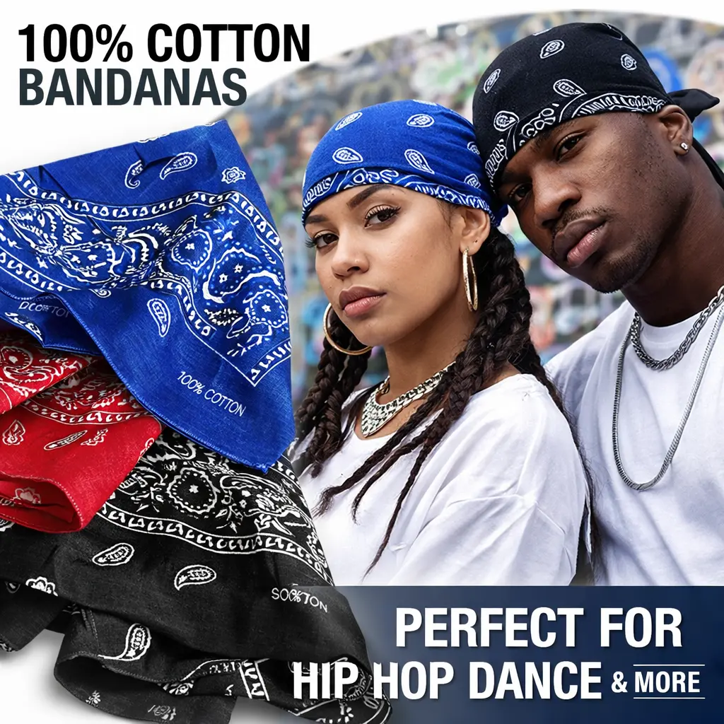 Unisex 12-Pc Bulk Cotton Bandanas (22x22 in) - Double Sided Scarf, Square Head Scarf, Breathable Ponytail Tie, Durag Alternative, Tie Dye Kerchief for Work, Motorcycle Use