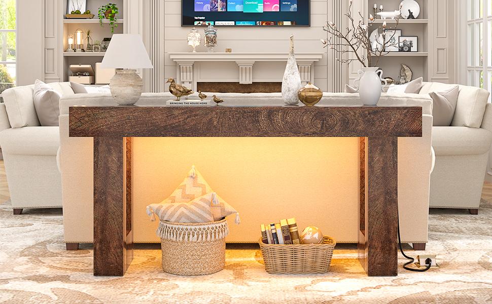 63'' Farmhouse Console Table with Power Outlets & Motion Sensor Light, Wooden Entryway Rectangular Sofa Table with Storage for Living Room, Hallway & Entryway entryway table