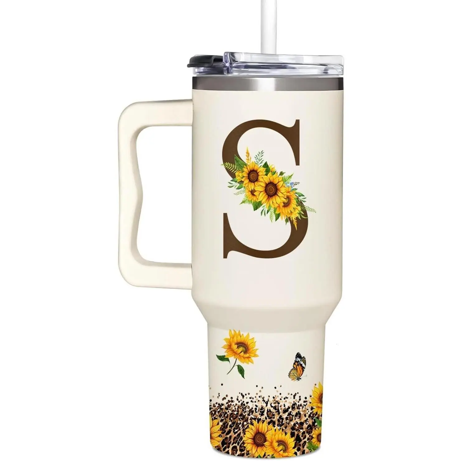 40oz Monogrammed Insulated Stainless Steel Thermal Tumbler Set - Sunflower Themed, Lid-Included Sweatproof Unmeltable Water Bottle Kitchenware Drinkware, Ideal for Mother's Day Gift, Pool Lounging Use, Insulation