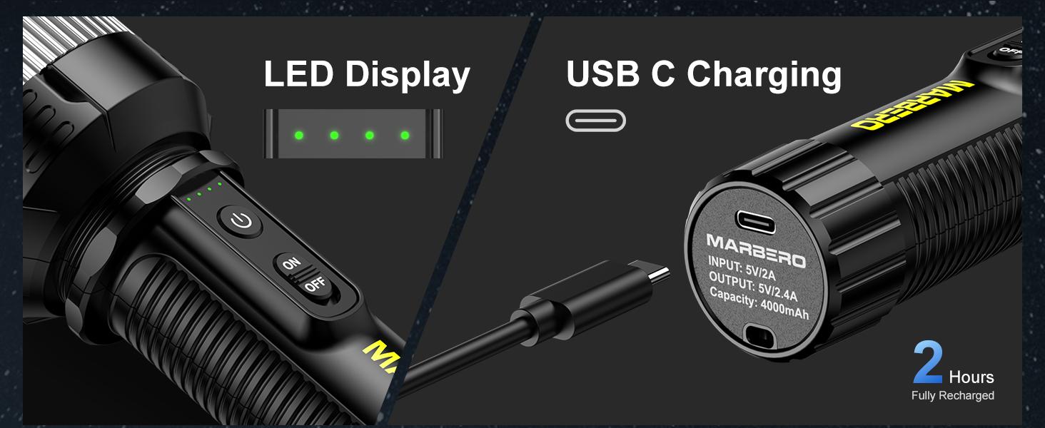 MARBERO Rechargeable Flashlight High Lumens with 4000mAh Battery Focused Beam Super Bright LED Powerful Flashlight 3 Modes Tactical Compact Portable Flashlight for Hiking Power Outage