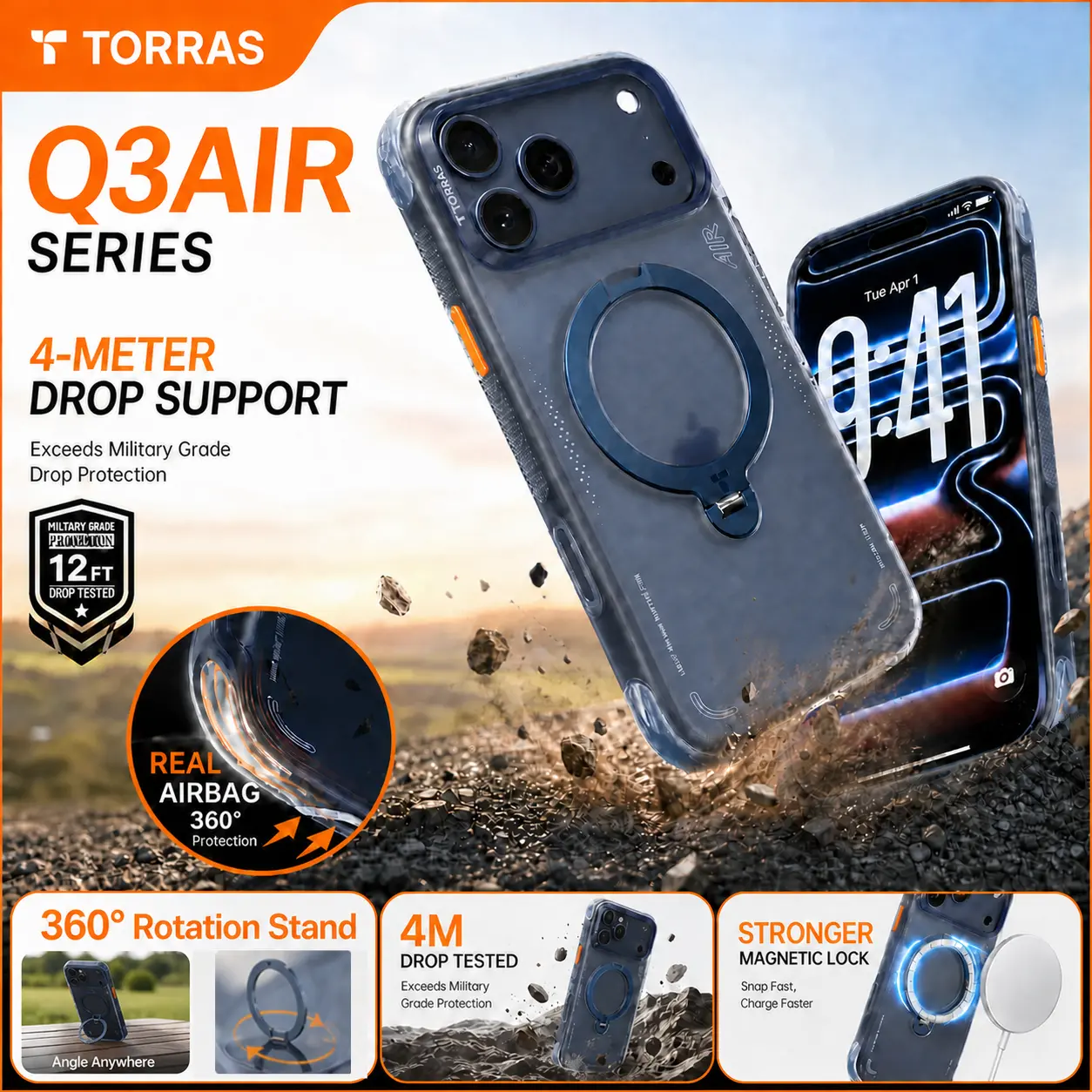 TORRAS Q3Air for iPhone 17/16/15 Pro Max Case with 360° Ring Stand & Airbag Protection 4-Meter Anti-Fall Shockproof Cover tiktokshopbacktoschool