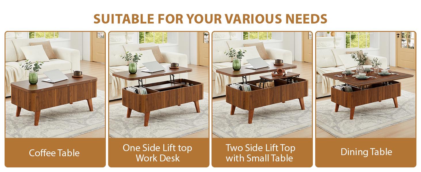 Giratree Fully Assembled Wooden Center Table, Fluted Lift Top Coffee Table with Hidden Compartment, Modern Oval Lift Tabletop for Home Living Room Office