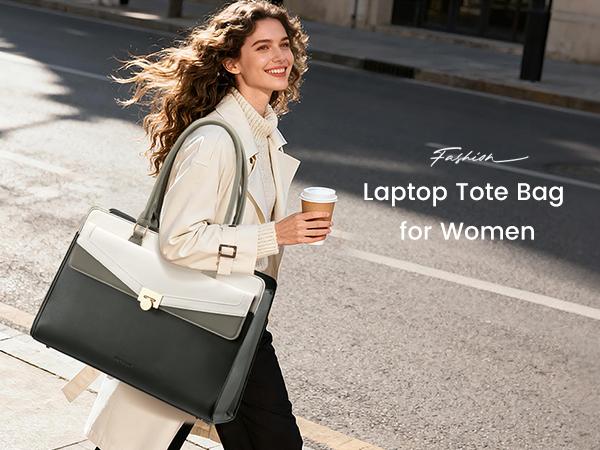 LOVEVOOK Laptop Tote Bag for Women - PU Leather Vintage Work Tote Bag,Waterproof Business Teacher Bag with Large Cup Holder,TikTokShopStockUp