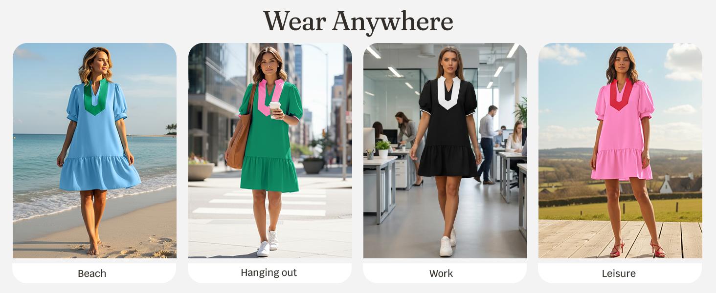 Wenrine Women's Summer Mini Dress Casual Short Puff Sleeve V Neck Color Block Loose Beach A Line Dresses with Pockets