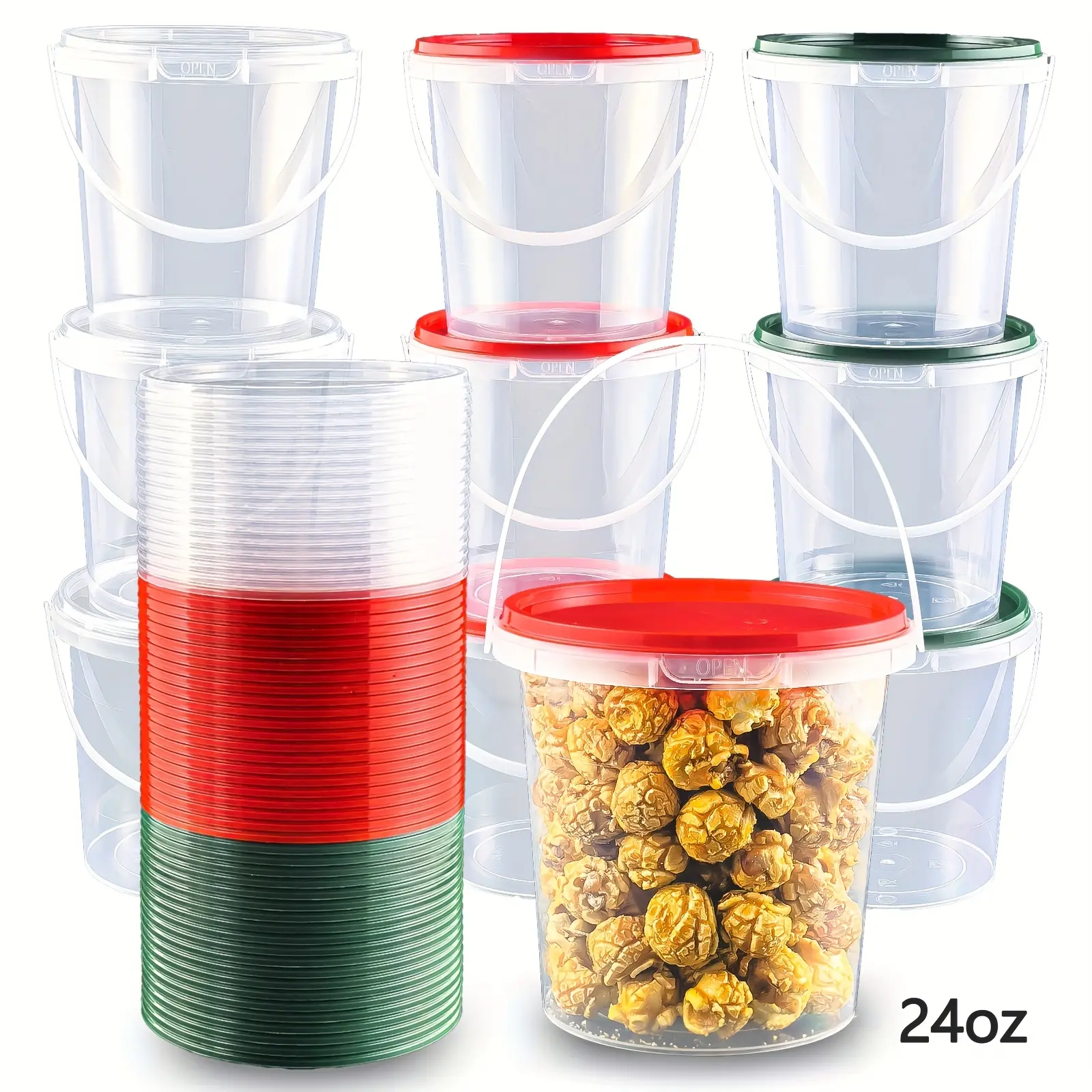 20-Piece Food-Safe Polypropylene Kitchen Preserving Containers - 25oz Transparent Cylindrical Party Snack Bins with Clip-On Lids, Color-Coded Microwaveable Holders (Hand Wash Only) | 20pc Party Set, Food Preservation Solutions, Maintains Freshness