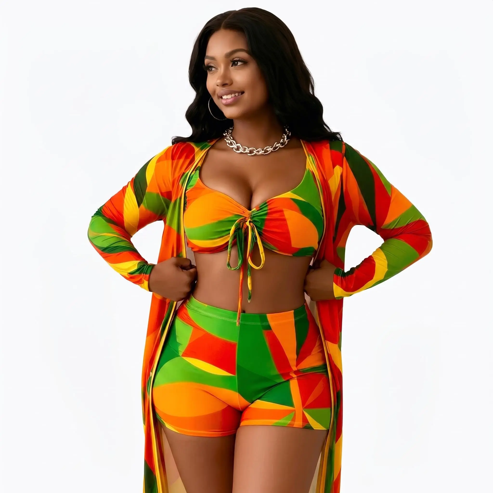 Vibrant Rainbow Color Block Two-Piece Set with Long Sleeve Top and Shorts for Women