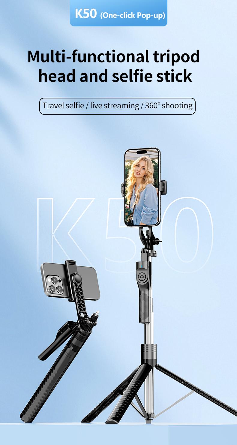 K50 360° Rotating Gimbal Selfie Stick with Tripod, Anti-Shake Stabilizer, Built-in Fill Light, Extendable up to 1.9m