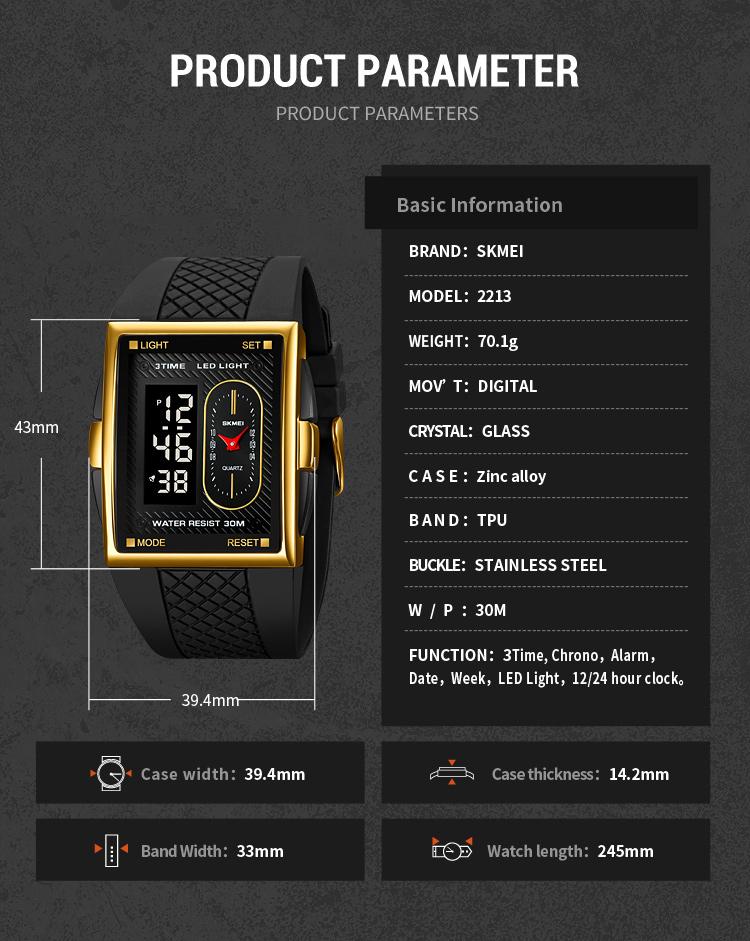 SKMEI Men's Durable Casual Digital Wristwatch - Gold-Dipped, Battery-Operated, 30M Waterproof, Hardlex Glass Dial, Multi-Functional LED, Gold-Accented Metal Frame, Black Band, 3 Time Zones, Stopwatch, Alarm, Date & Week Display, Casual Watch SKMEI Men's Durable Casual Digital Wristwatch - Gold-Dipped, Battery-Operated, 30M Waterproof, Hardlex Glass Dial, Multi-Functional LED, Gold-Accented Metal Frame, Black Band, 3 Time Zones, Stopwatch, Alarm, Date & Week Display, Casual Watch