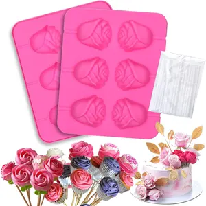 Silicone Rose Mold, Cake Pop Mold with Sticks, 3D-rose Lollipop Mould for Cupcake, Mother's Day Baking Supplies
