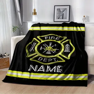280GSM 1pc Firefighter-Themed Customizable Name Blanket - Soft Polyester, Black with Yellow Accents, Perfect for Sofa, Bed, or Camping - Ideal Gift for Birthdays, Graduations, and Special Occasions,summervibes