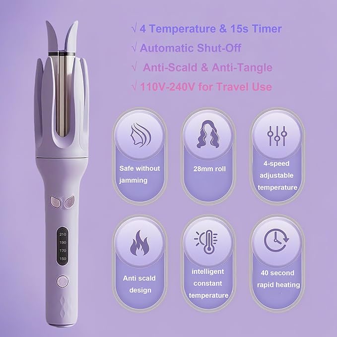 Professional Automatic Hair Curler - Portable Curler with 4 Temperature Settings, Adjustable Ceramic Rotating Wand, Negative Ion Tech, 110V-240V, Smooth Beauty Products (Pink/Purple), Curly Hair