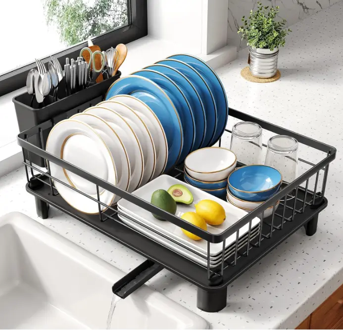 Dish Rack for Kitchen Counter Stainless Steel Dish Drainer with Utensil Holder and Drainboard Black