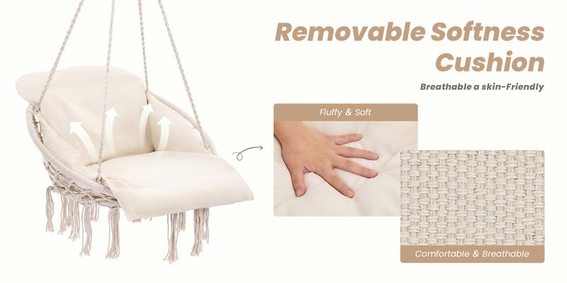 Macrame Single Hammock Hanging Chair with Oversized Padded Cushion, Indoor＆Outdoor, Hammock Swing Chair