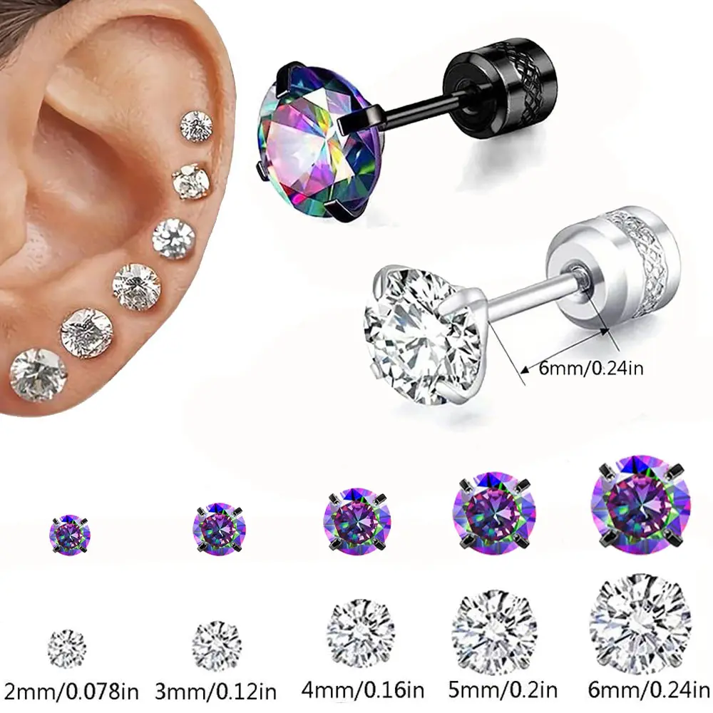 Flat Back Stud Earrings, 5/10 Pairs Titanium Hypoallergenic Earrings for Women Men, Cubic Zirconia Silver Black Stud Earrings Surgical Stainless Steel Stud Earring Set for Cartilage 2-6mm