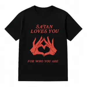 Mens TShirt Retro Edgy Satan Loves You Graphic Print Loose Fit Short Sleeve Top Y2K Vintage Streetwear Christmas Thanksgiving Gift Cyber Monday Distressed