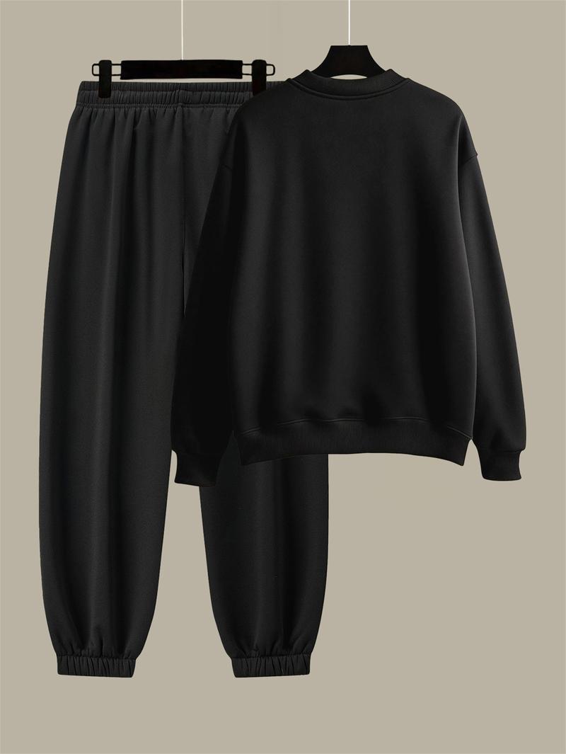 Men's Cotton Solid Color Casual Tracksuit Set Loose Fit Crew Neck Sweatshirt with Matching Jogger Pants for Fall Winter Comfortable Menswear Outfit for Outdoor Activities Sporty Commute Fitness and Relaxed Everyday Wear