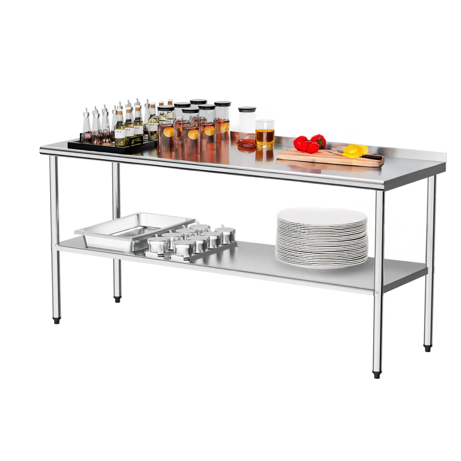 ROVSUN 30/36/48/60/72'' x 24'' Stainless Steel Table for Prep & Work,Commercial Worktables & Workstations, NSF Heavy Duty Metal Table with Adjustable UnderShelf & Backsplash for Kitchen, Restaurant,Home,Hotel(NO WHEEL)