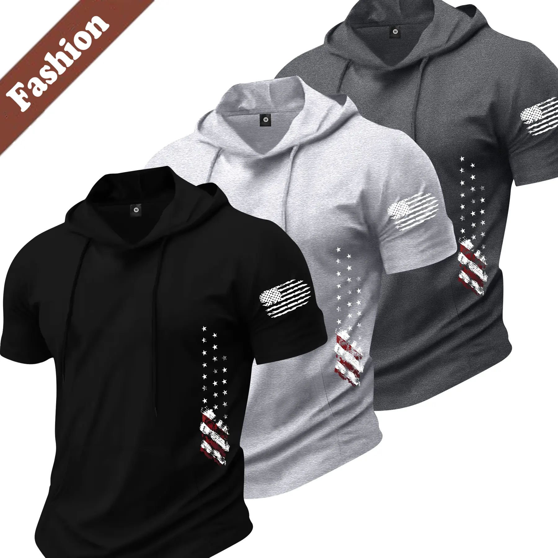 Male Sporty Chic 3-Piece Street Style Menswear Set - Hooded Short-Sleeve T-Shirt, Personalized Graphic Prints, Breathable High-Quality Fabric, All Seasons, Suitable for Outdoor Sports, Dates