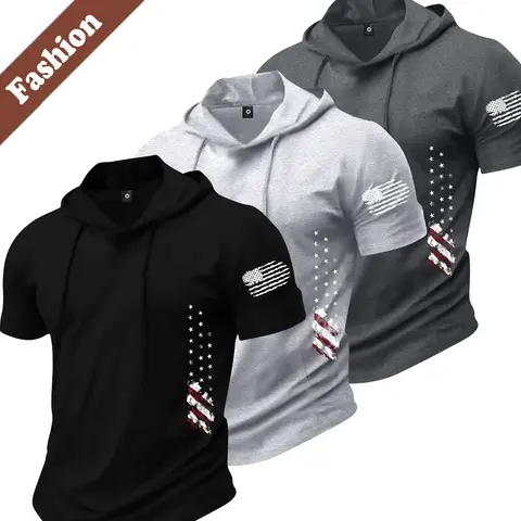 Men's 3-Pack Sporty Chic Street Style Gym Outfits Set - Layer-Ready Hood T-Shirts, Short Sleeves, Personalized Flag Printing, Breathable High-Quality Multi-Function Fabric, All Seasons, Machine Washable Male Outdoor Sports Clothing for Gym, Dating, Size M