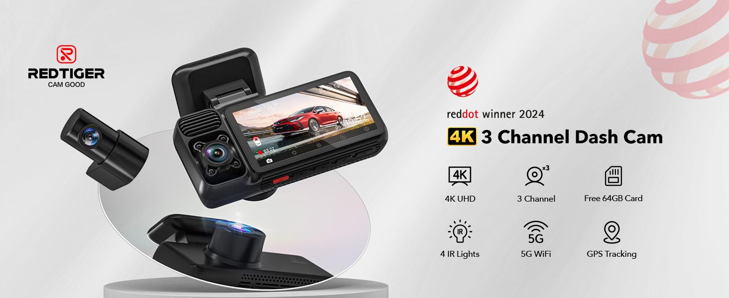 REDTIGER F17 4K 3-Channel Dash Cam with 5GHz WiFi GPS, 64GB Card, 2160P+1080P+1080P, Triple Car Camera, IR Night Vision, Parking Mode-Holiday Haul