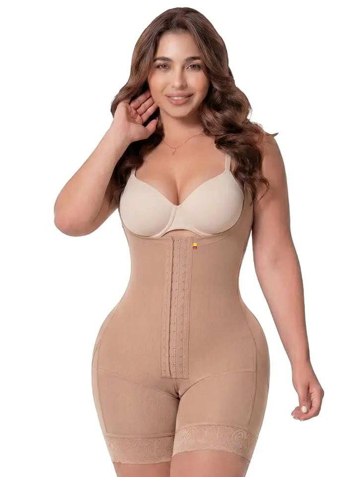 Fajas Salome 2307   | Colombian High Compression Bodysuit | Post Surgery Support Stage 2 Ready | Open Bust Butt Lifting Wide Straps | Powernet Postpartum + Daily Wear Women —Made in Colombia