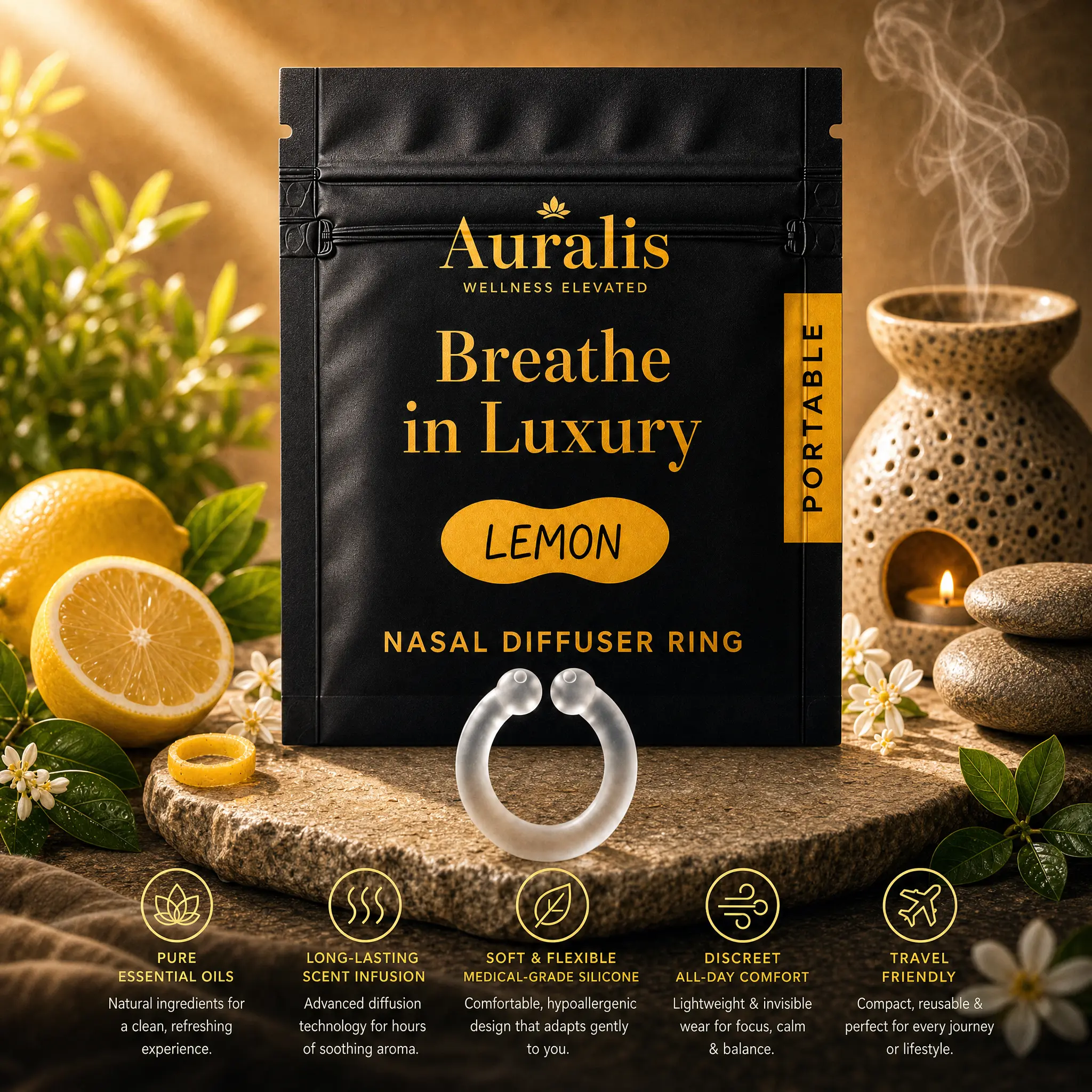 Auralis Essential Silicone Ring - Portable Reusable Personal Nasal Scented Oil Diffuser for Healthcare, Therapeutic Stress Relief, Smooth Calming Aroma Use, Discreet, Cordless