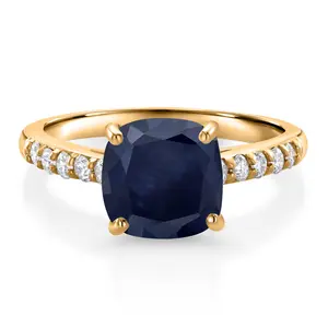 Gem Stone King 3.02 Cttw 8MM Cushion Blue Sapphire and White Lab Grown Diamond 10K Yellow Gold Engagement Ring For Women | Gemstone Birthstone