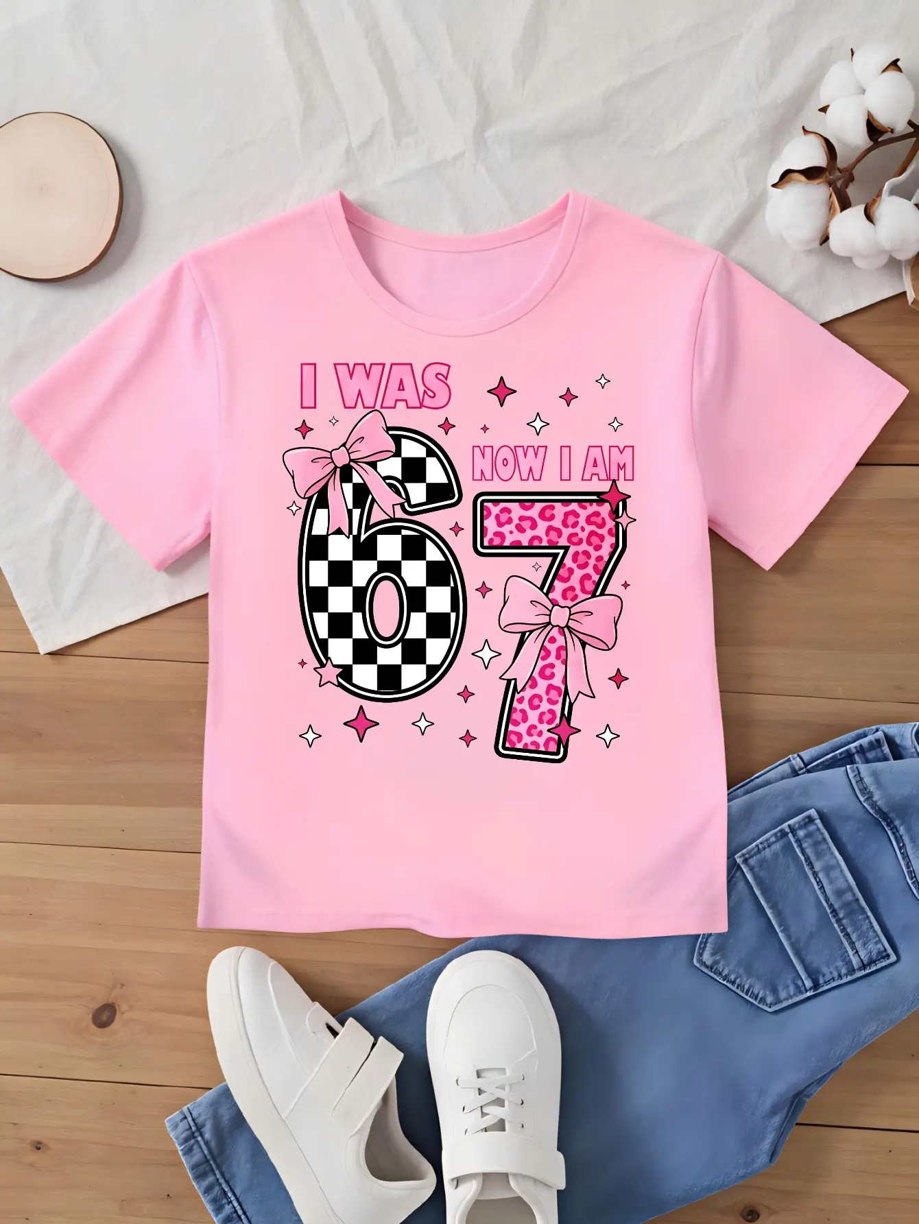 I Was 6 Now I Am 7 Girls T-Shirt, Pink Bow Leopard Print Kids Graphic Tee, Youth Girls 7th Birthday Outfit, Checkered Aesthetic Toddler Shirt, Breathable Soft Cute Kids Fashion Top for Birthday Party, Photo Shoot & Daily Wear, Girls Birthday Gift Tee
