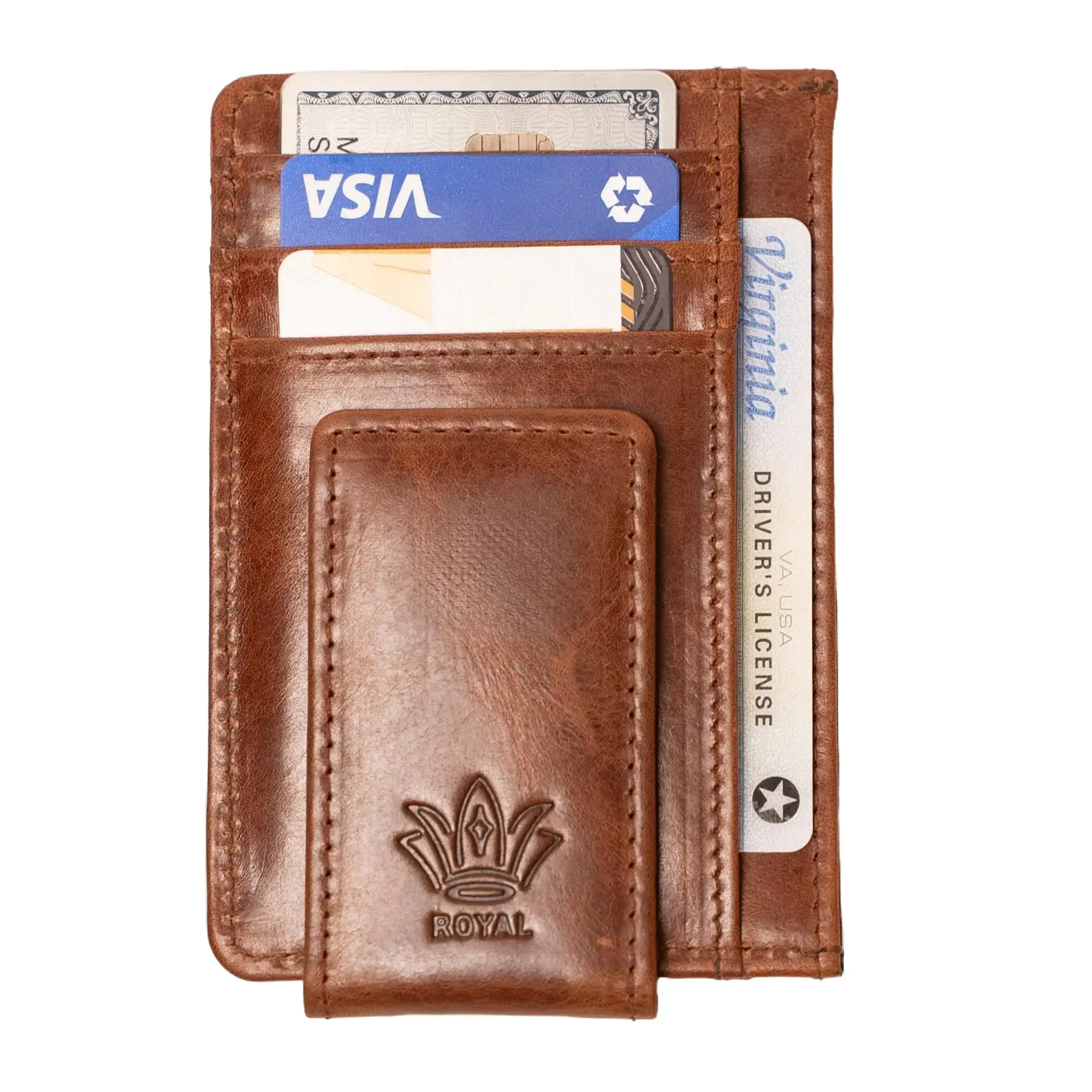 ROYAL Men's Genuine Full-Grain Leather Card Wallet - Minimalist Rectangle Front Pocket Holder, Men's Accessories with Cash Pocket, Credit Card Organizer, Slim, Genuine Leather, Handmade Stitching, Card Slots Pocket, Travel