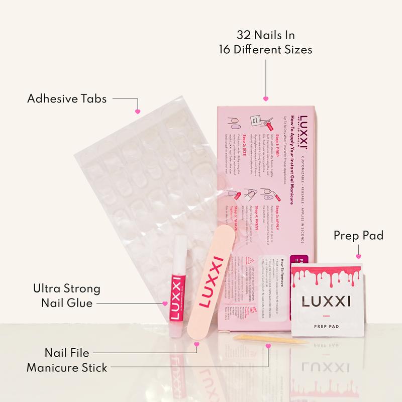 LUXXI Instant Acrylic Press-On Nails - Ultra Durable Last 3+ Weeks with Pink Gel Glue Included - 32 Nails in 16 Sizes