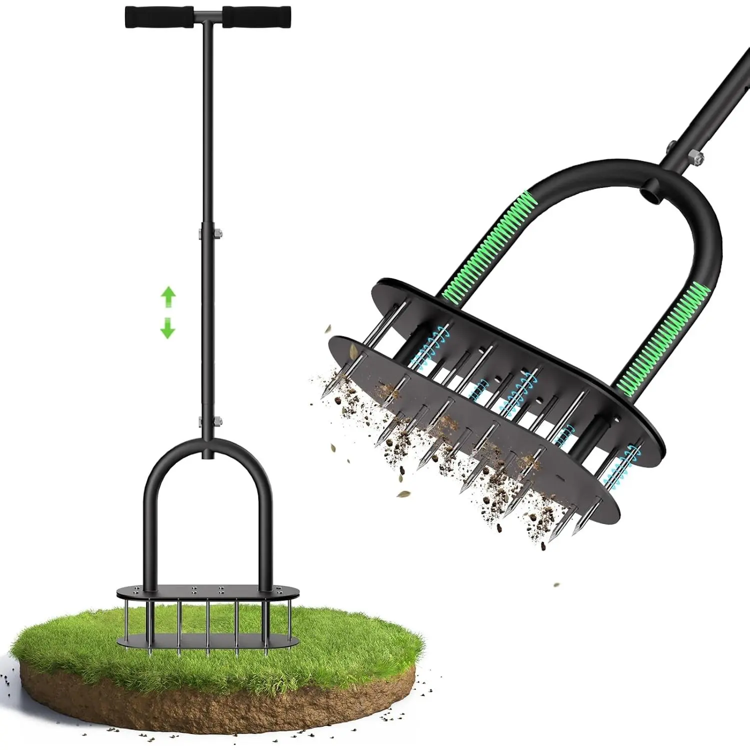 Lawn Aerator, Manual Lawn Aerator Tool with Padded T-Handle, Wide Foot Plate & 15-3 Inch Solid Steel Spikes, Dual-Layer Design for Effortless Aeration in Lawn, Yard and Garden Soil