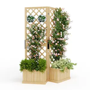 Garvee Cedar Privacy Screen with Planter Box - 2-Panel Freestanding Garden Fence, 41"x10"x65" Tall Outdoor Divider with Drain Holes & Raised Bed for Patio, Deck & Backyard (Natural Wood)