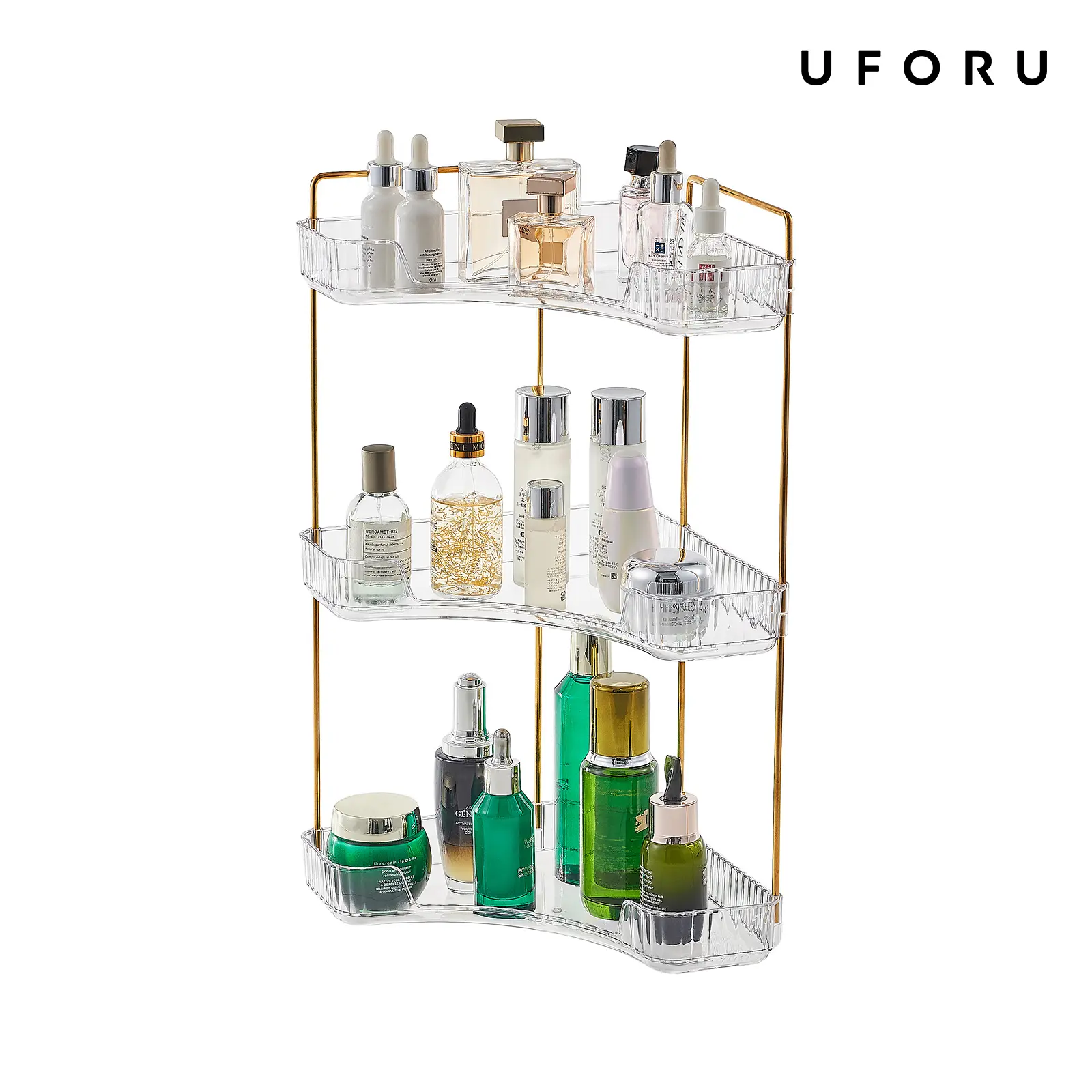 UFORU transparent organizer, corner shelf, space-saving, three-tier organizer, vanity storage, bathroom organizer, cosmetic organizer, perfume storage, countertop shelf, skincare organizer, storage rack, clear shelf, gold frame organizer