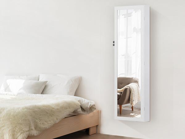 HomeSquad Full-Length Mirror Jewelry Cabinet, Wall or Door Mount, Organizer Armoire with Built-in Makeup Mirror, Lockable Storage with 2 Drawers