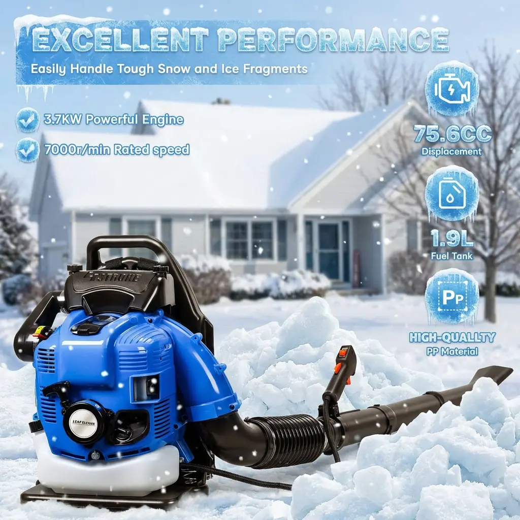Backpack Style 4-Stroke Gas Powered Leaf Blower - 75.6CC Motor, Plastic/Metal Construction, Blue Ergonomic Offset Grip, 1.9L Fuel Tank, 14.1 cu m/min Flow, Cruise Control, Adjustable Tube Length for Lawn & Outdoor Cleaning