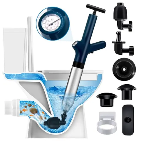Heavy Duty High Pressure Toilet Plunger with 3-in-1 Plunger Heads, Stainless Steel Handle, Real-Time Pressure Gauge, Odor-Free ABS Design, 500+ Pounds of Thrust, Eco-Friendly Unclogger for Toilets/Sinks/Kitchen, All Ages Home Bathroom Supplies