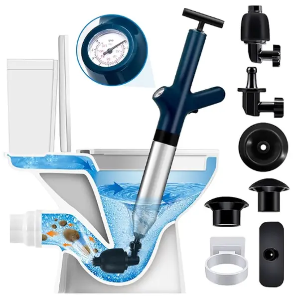 Heavy Duty High Pressure Toilet Plunger with 3-in-1 Plunger Heads, Stainless Steel Handle, Real-Time Pressure Gauge, Odor-Free ABS Design, 500+ Pounds of Thrust, Eco-Friendly Unclogger for Toilets/Sinks/Kitchen, All Ages Home Bathroom Supplies
