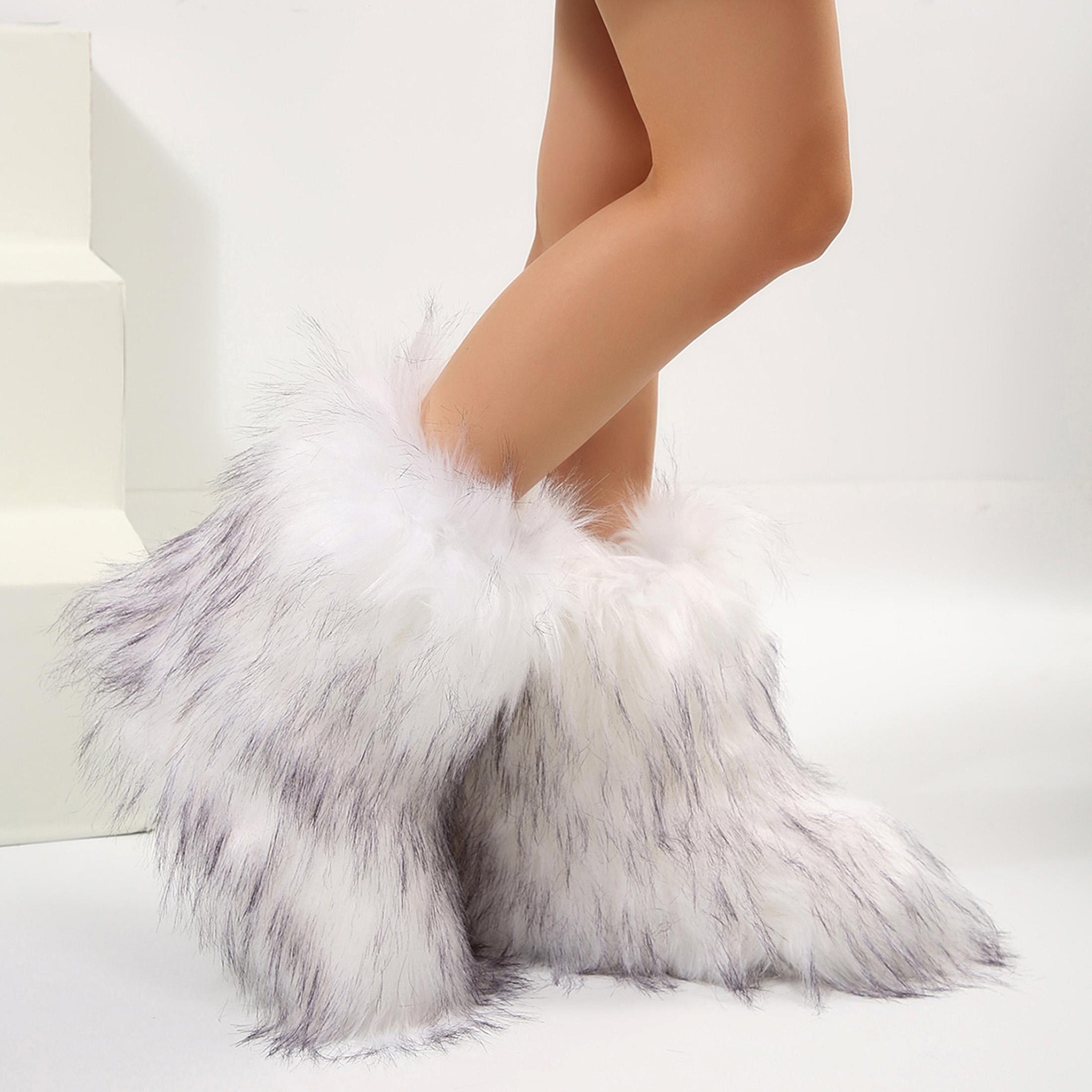 Faux Boots for Women Warm Fuzzy Fluffy Winter Furry Snow Boots Flat Shoes Outdoor，Faux Lined Mid-Calf Style Springfresh