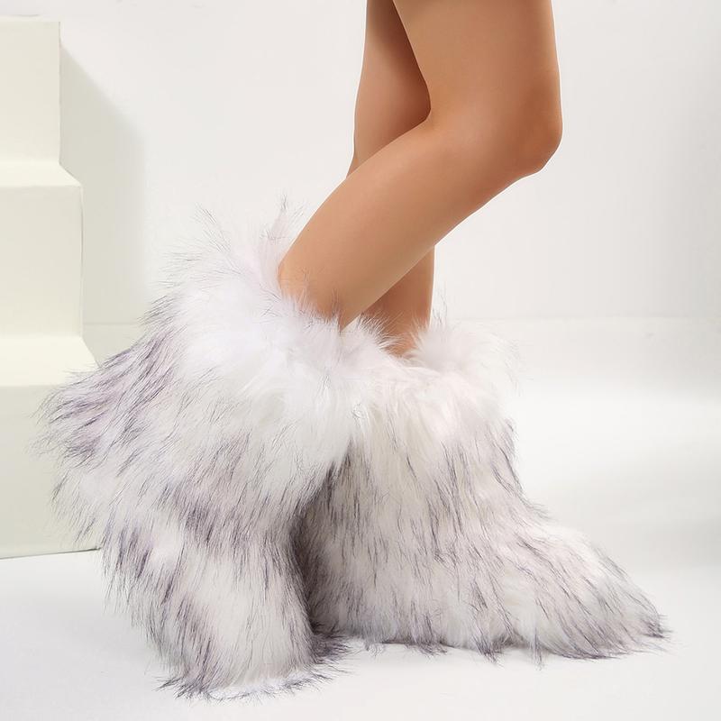 Faux Boots for Women Warm Fuzzy Fluffy Winter Furry Snow Boots Flat Shoes Outdoor，Faux Lined Mid-Calf Style Springfresh