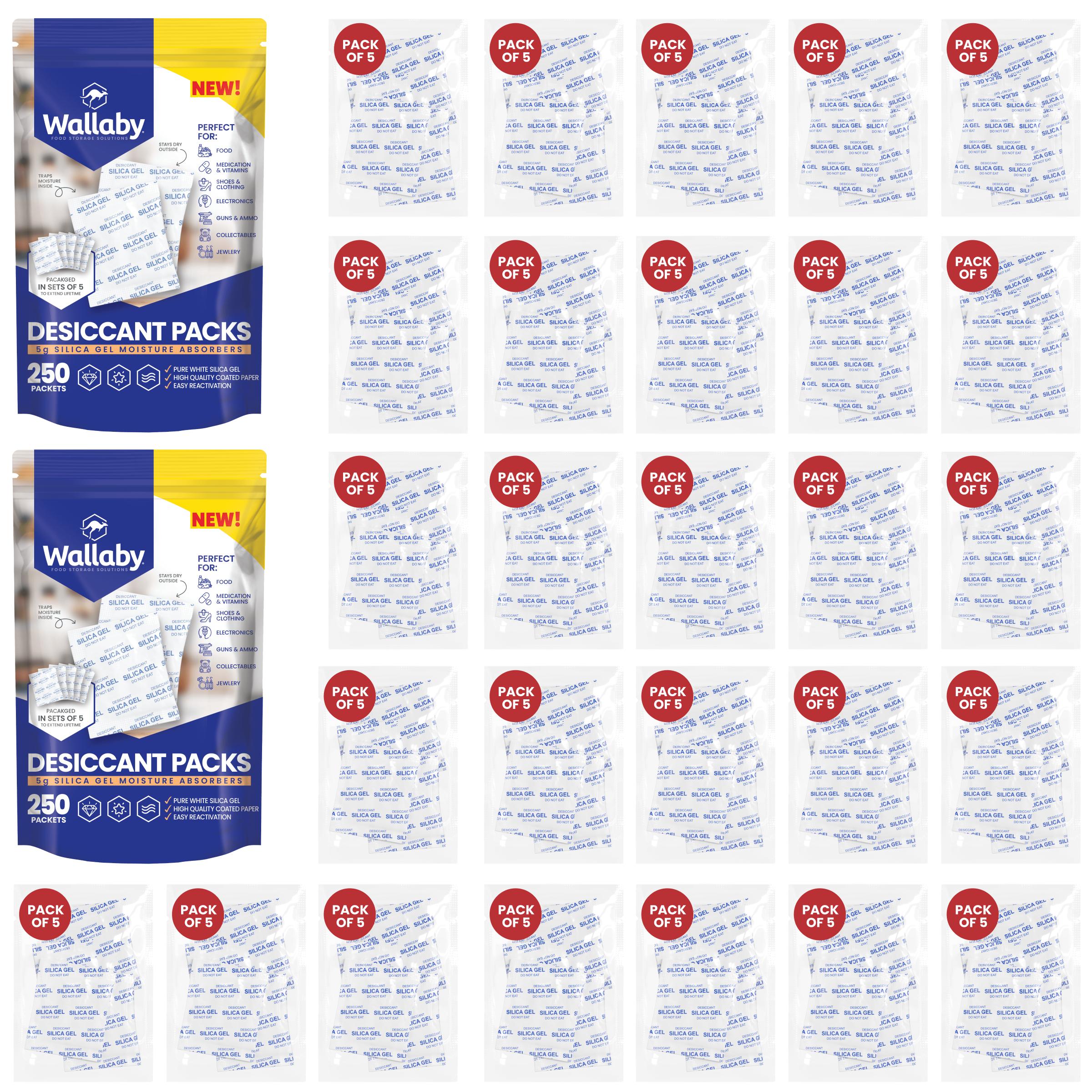 Wallaby 5 gram Silica Gel Desiccant Dehumidifier Packs (500 Packets) Food Safe Pure White - Rechargeable Moisture Absorbers