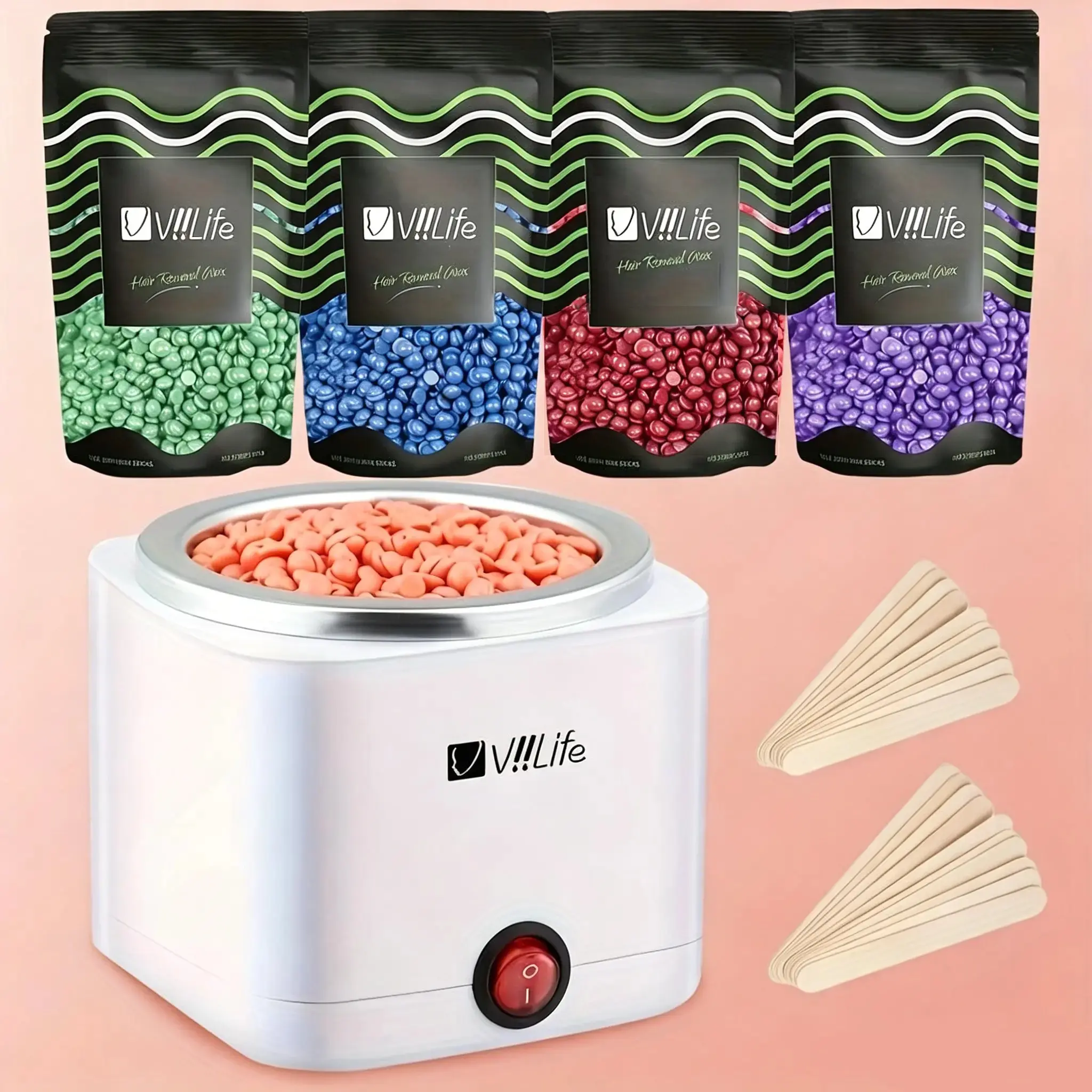 Viilife Waxing Kit 200cc, Hair Removal Wax Heater, 4 Packs Wax Beans, 20 Wooden Sticks, Home Use for Women, 110v Voltage, Plastic Enclosure